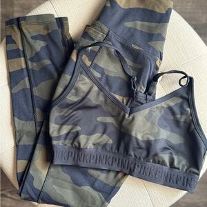 Victorias Secret pink Camo workout leggings (s) and Sprts bra set (m)